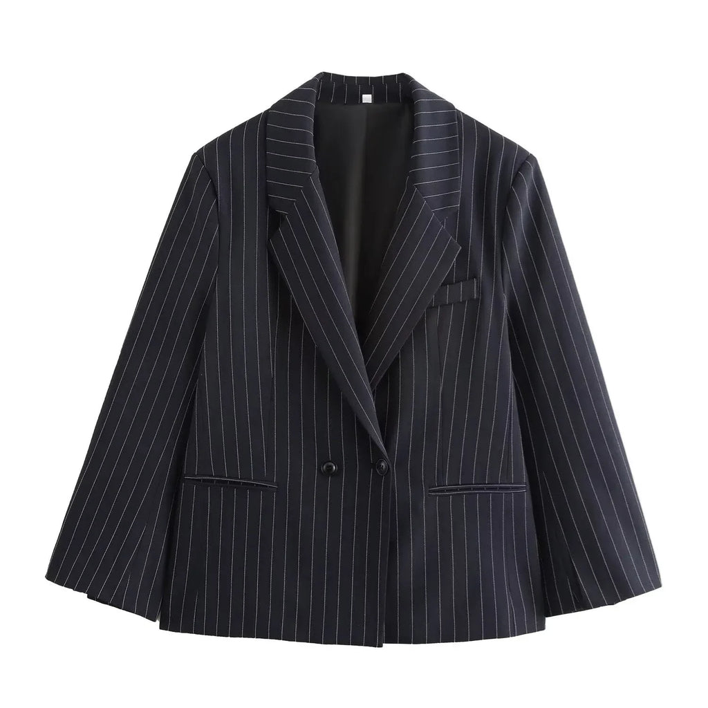 BSAY Blazers for Women Fashion Autumn Winter Loose Fine Stripes Long Sleeve Double-breasted Suits Jacket Chic Female Suit Coat