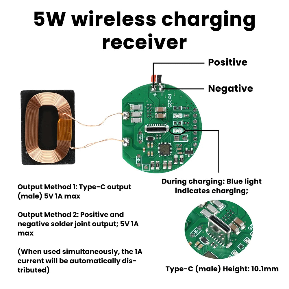 5W 5V 1A Wireless Charging Receiver Module Efficient Fast Charge Type-C Interface Compact Design DIY Projects Power Solution