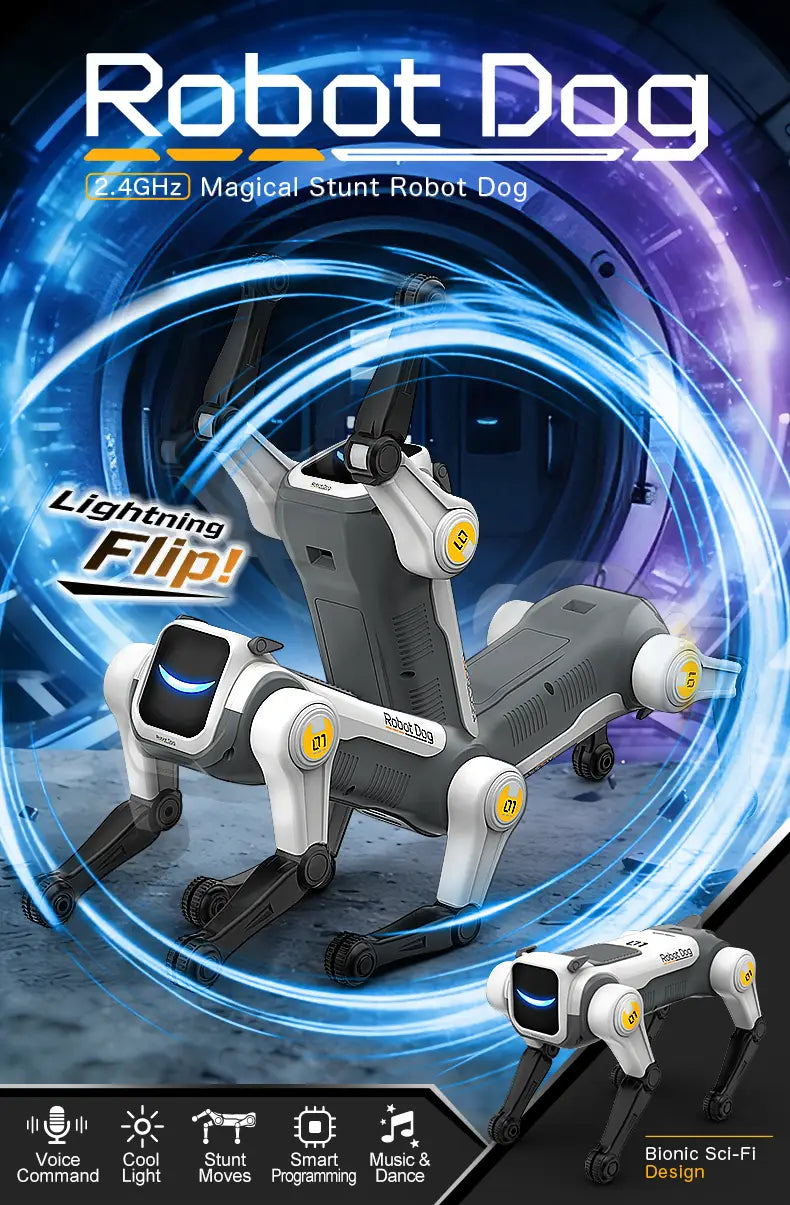 Gray and white robotic dog with yellow accents featuring a sleek bionic sci-fi design for the robot dog intelligent AI programmable RC toy.