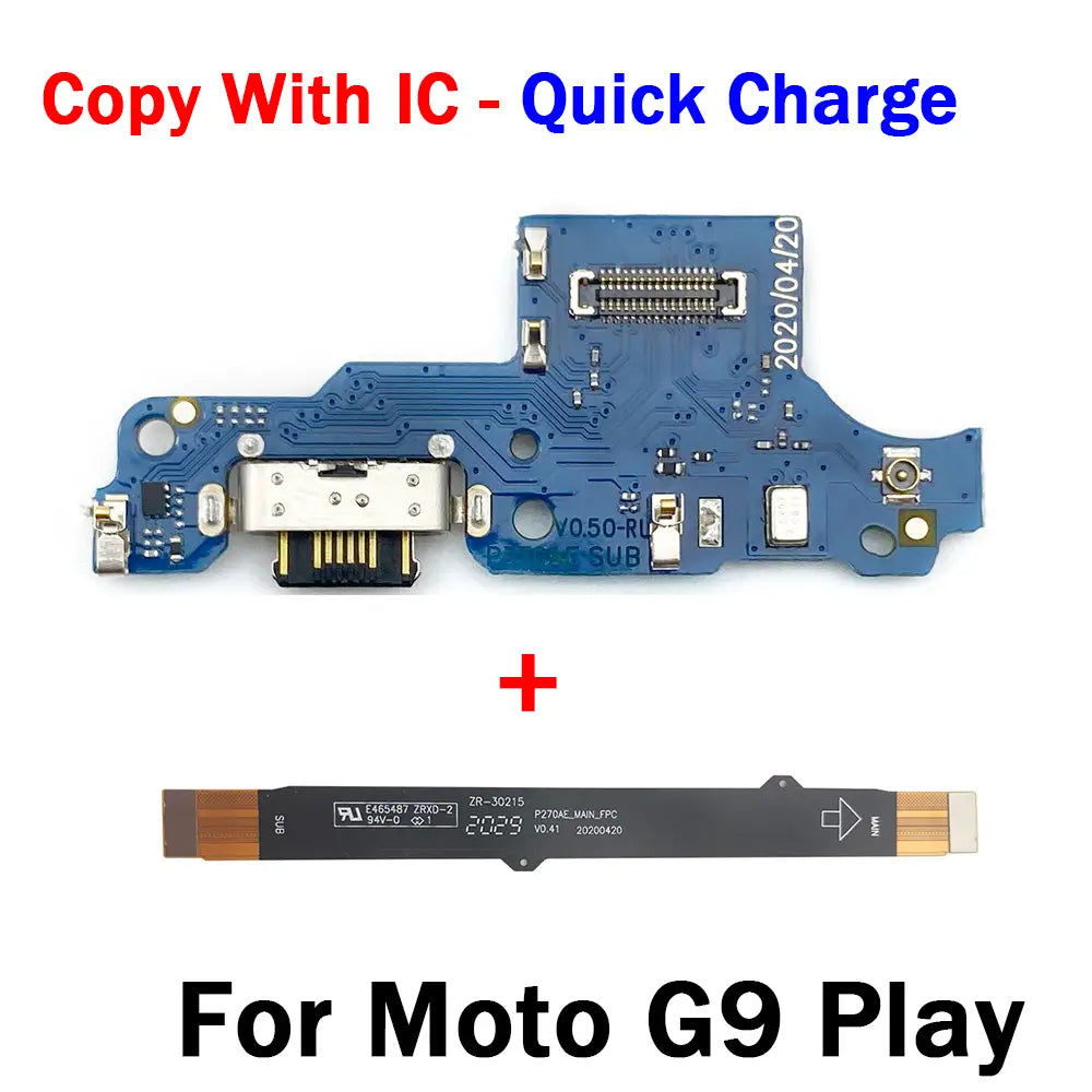 blue circuit board usb charging dock with silver usb-c port and gold contacts designed as a quick charge replacement for motorola moto g9 play charging board
