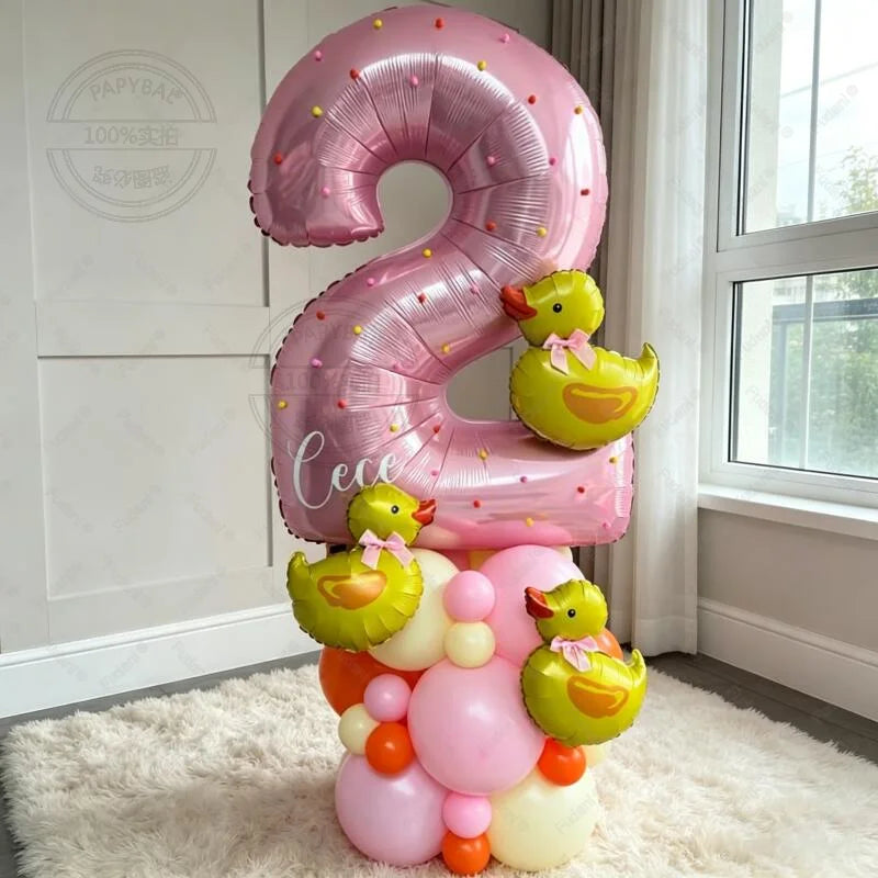 31pcs 32 Inch Pink Number 1-9 Birthday Balloon Set Mini Yellow Duck Balloon Cartoon Animal Theme Party Decoration Baby Shower
