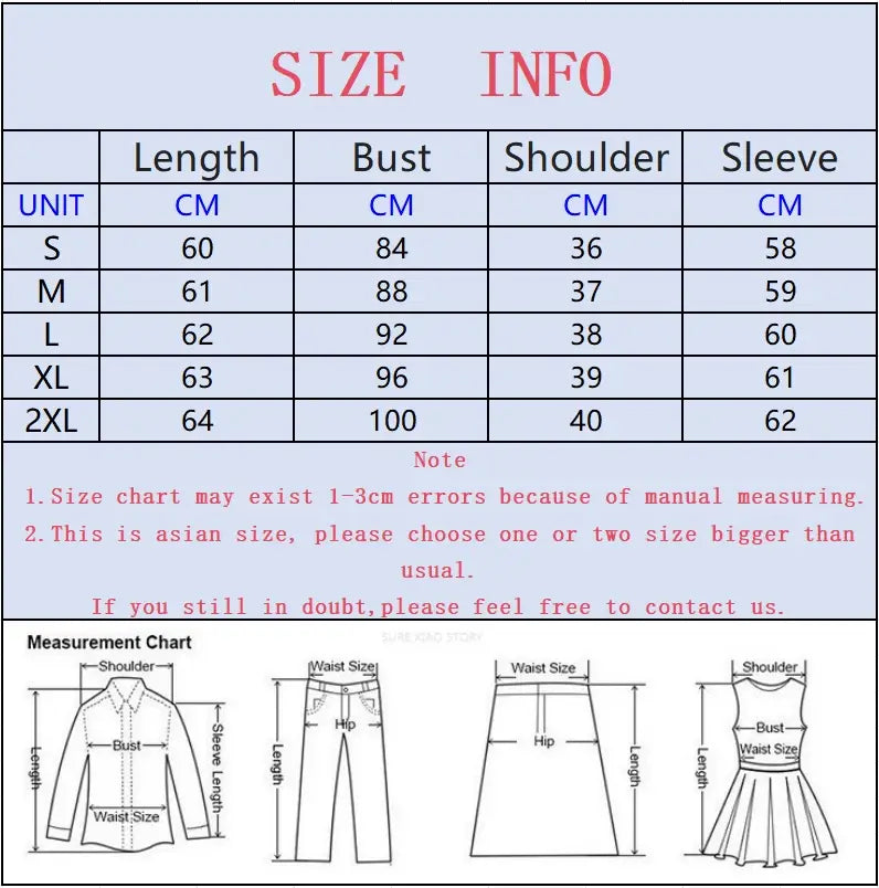 Guide des tailles pour une blouse boutonnée pour femme à manches longues, chemise d’automne et d’hiver, affichant des mesures en centimètres pour les tailles s à 2xl, avec des schémas illustrant comment mesurer la longueur, le buste, l’épaule et la manche.