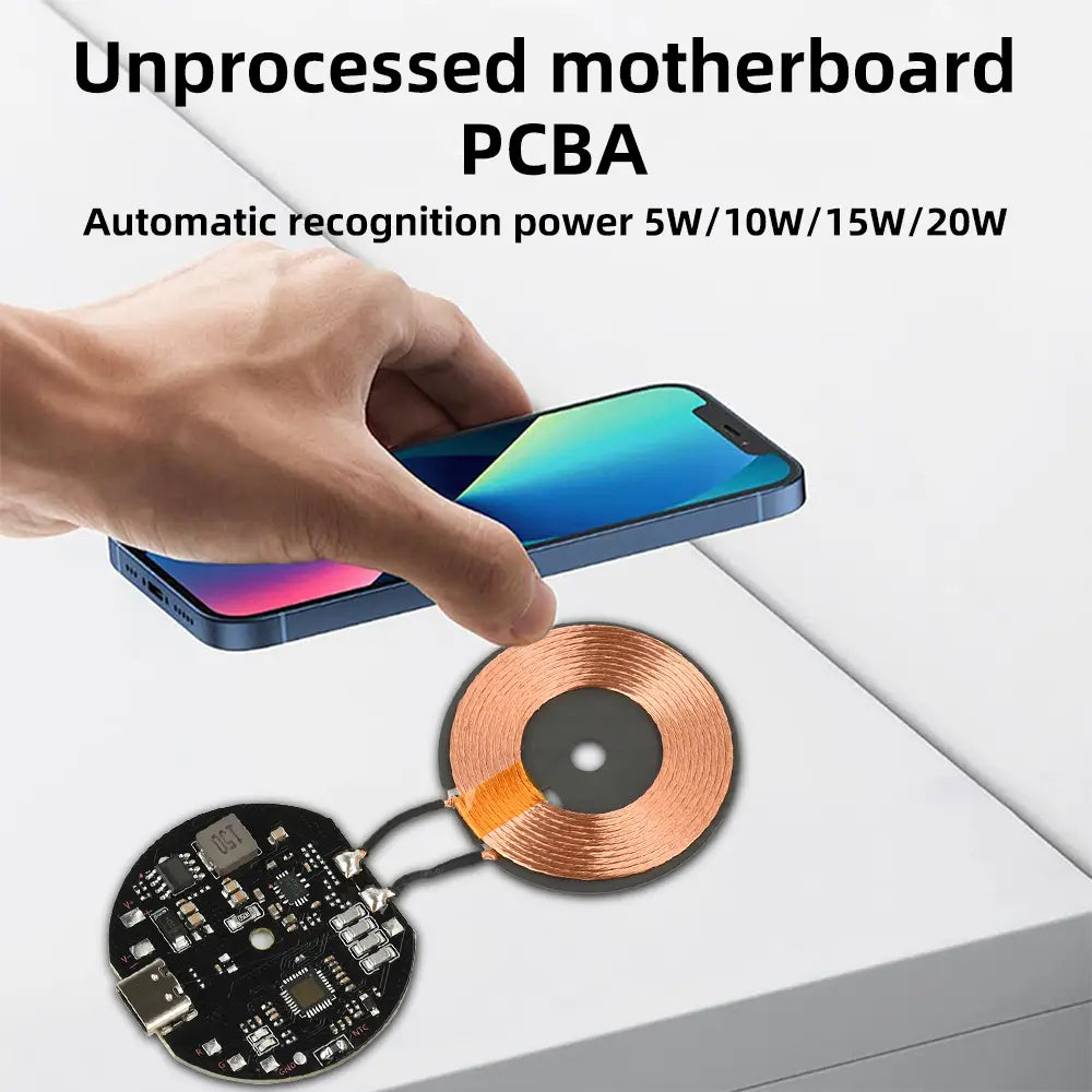 Circular copper coil wireless charging module with integrated black pcb assembly for automatic recognition in a 20w wireless charging car pcba