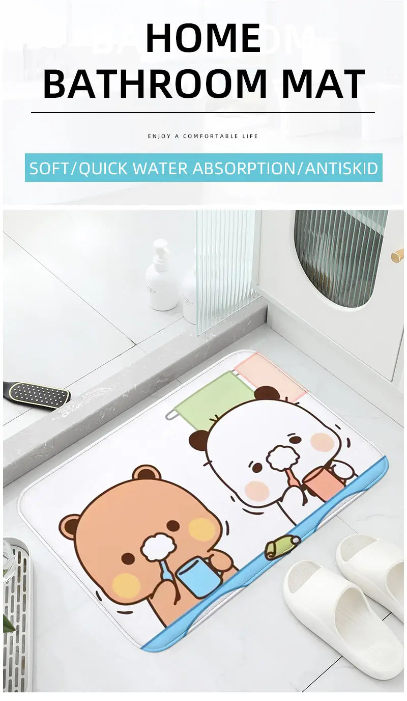 Tapis de bain en feutre bubu dudu, mignon dessin animé, antidérapant, avec deux personnages d’ours dans une scène de bain ludique, fabriqué dans une matière douce à séchage rapide.
