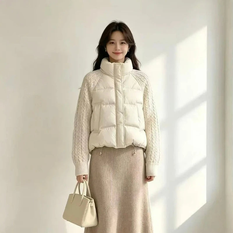 Winter New Women Down Cotton Parkas Jacket Cable Knit Sleeve Spliced Stand Collar Thick Warm Short Coat Petite Ladies Outerwear