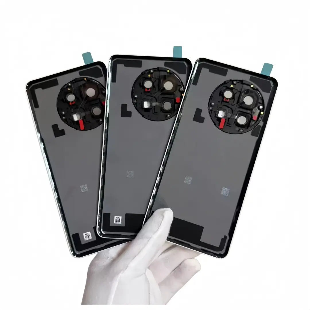 Three black glass back panels for huawei mate 40 pro smartphone featuring a distinctive circular camera frame glass lens with multiple lenses and sensors in a product titled oneplus 13 replacement back cover with camera frame glass.