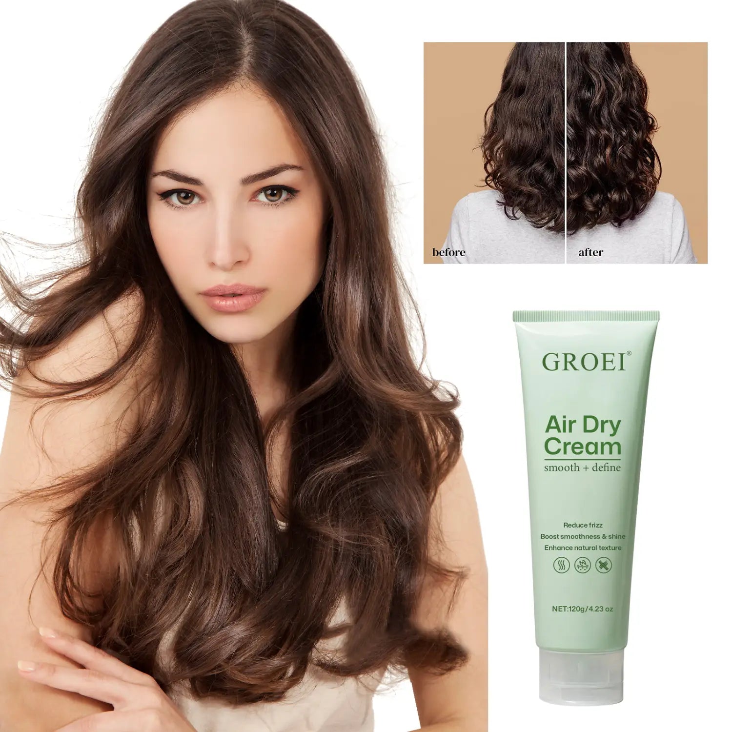 Un tubo verde claro de crema para el cabello Groei con aire nutritivo, crema para secado al aire, 120 g, con tapa blanca y texto negro.
