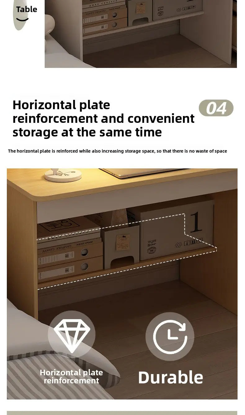 Light wood horizontal plate reinforcement on a modern wood student computer desk with integrated bookshelf designed for durable storage.