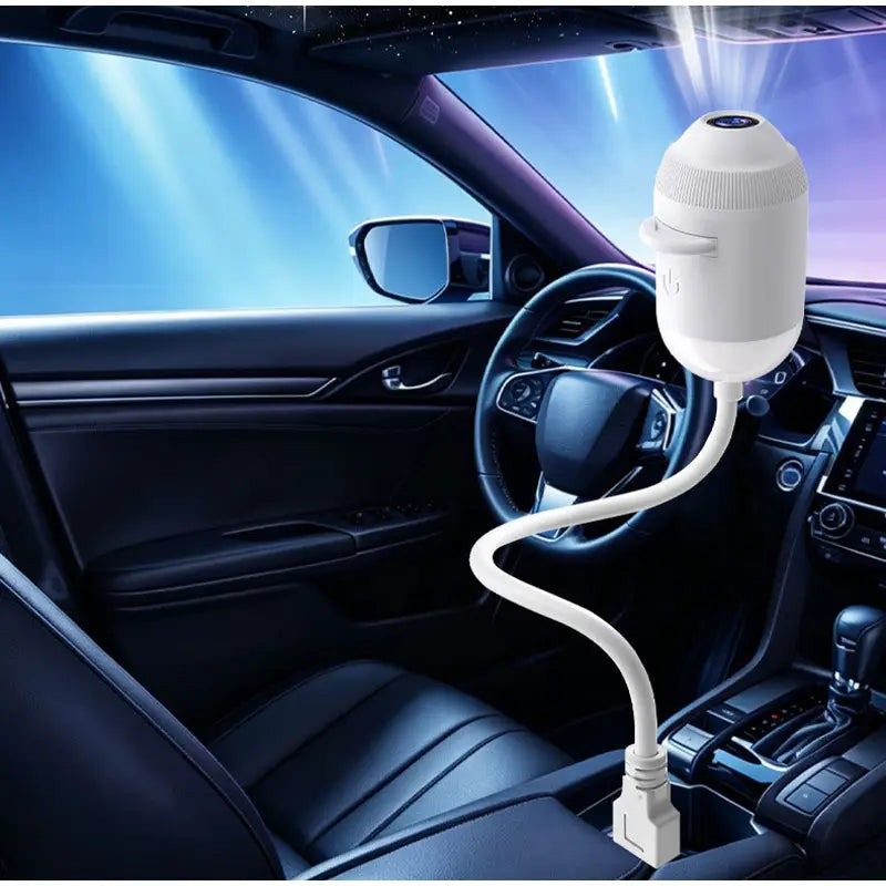 White flexible-neck car air freshener with a rounded top and power plug base designed as a starry sky night light atmosphere lamp.