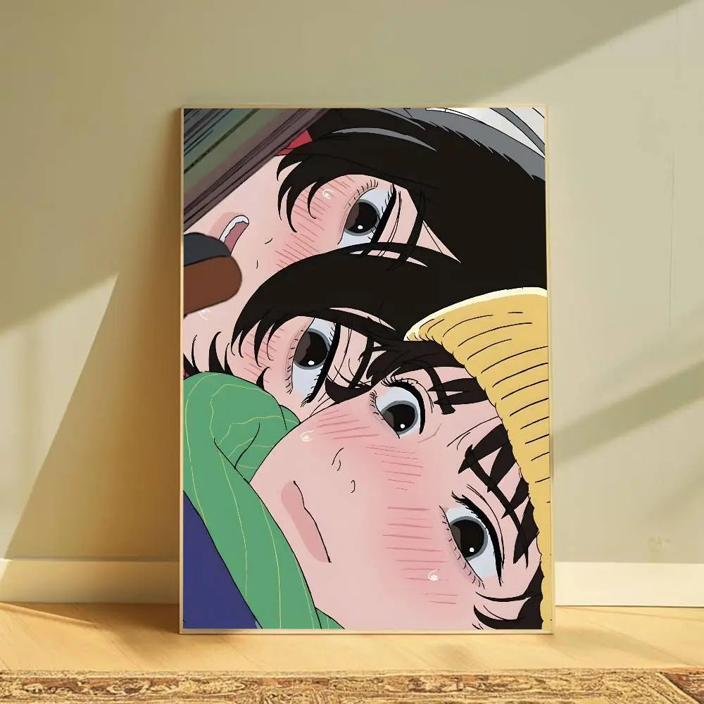 Póster enmarcado estilo anime con dos personajes de ojos expresivos, cabello negro y tonos sonrojados contra un fondo vibrante verde, amarillo y azul, para arte mural gráfico moderno en la sala de estar.