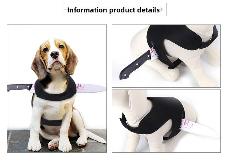 黒いナイフをモチーフにした犬用ハーネス。偽の血しぶきデザイン付きで、面白い武器の犬用ハロウィーンコスチュームのための3〜10cm調整。
