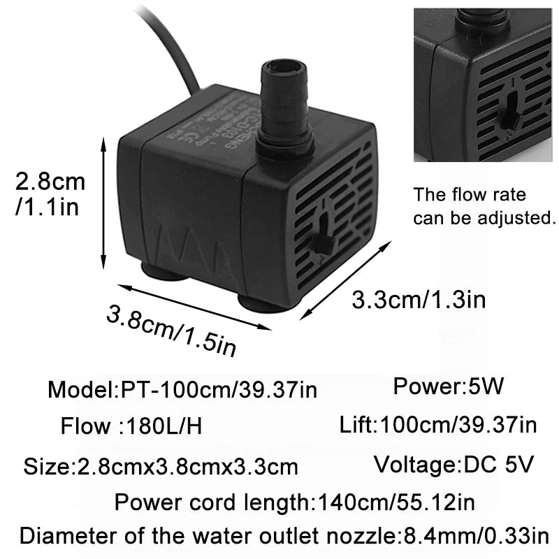 black plastic usb submersible water circulation pump with adjustable flow rate and 5w power designed for fish tank filtration and tank filtration pump applications