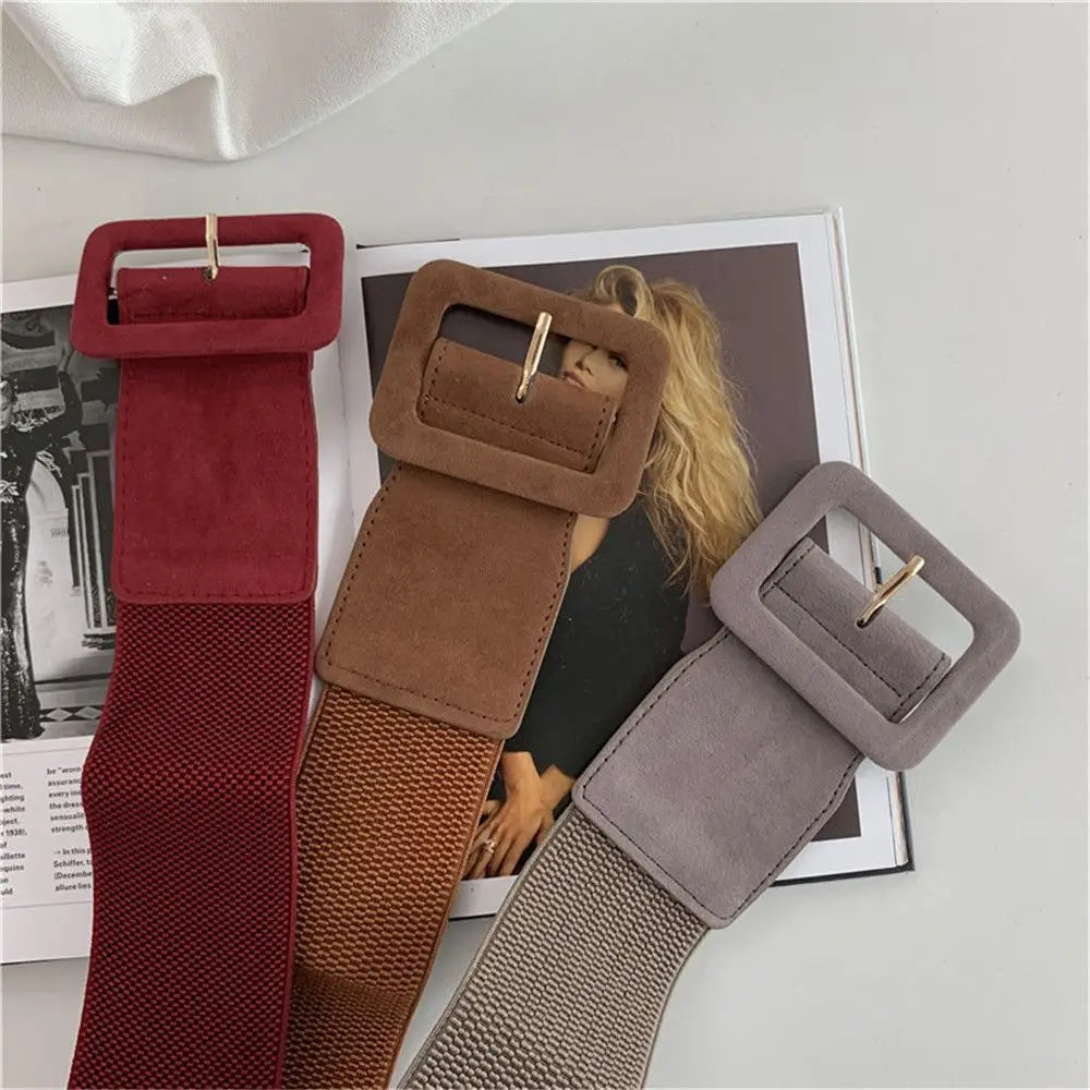 Wide stretch belts for women featuring elastic material in red brown and gray with suede-like square buckles and metallic hardware for waist dress accessory.