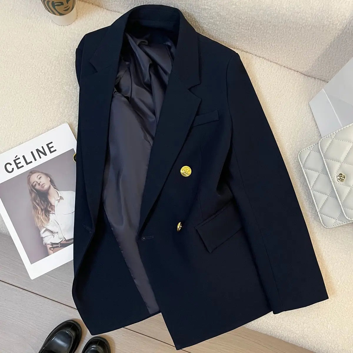 Navy Suit Jacket Blazers Women Spring Autumn New Jacket Luxury High-end Casual Fashion British Office Lady Suit Metallic Button