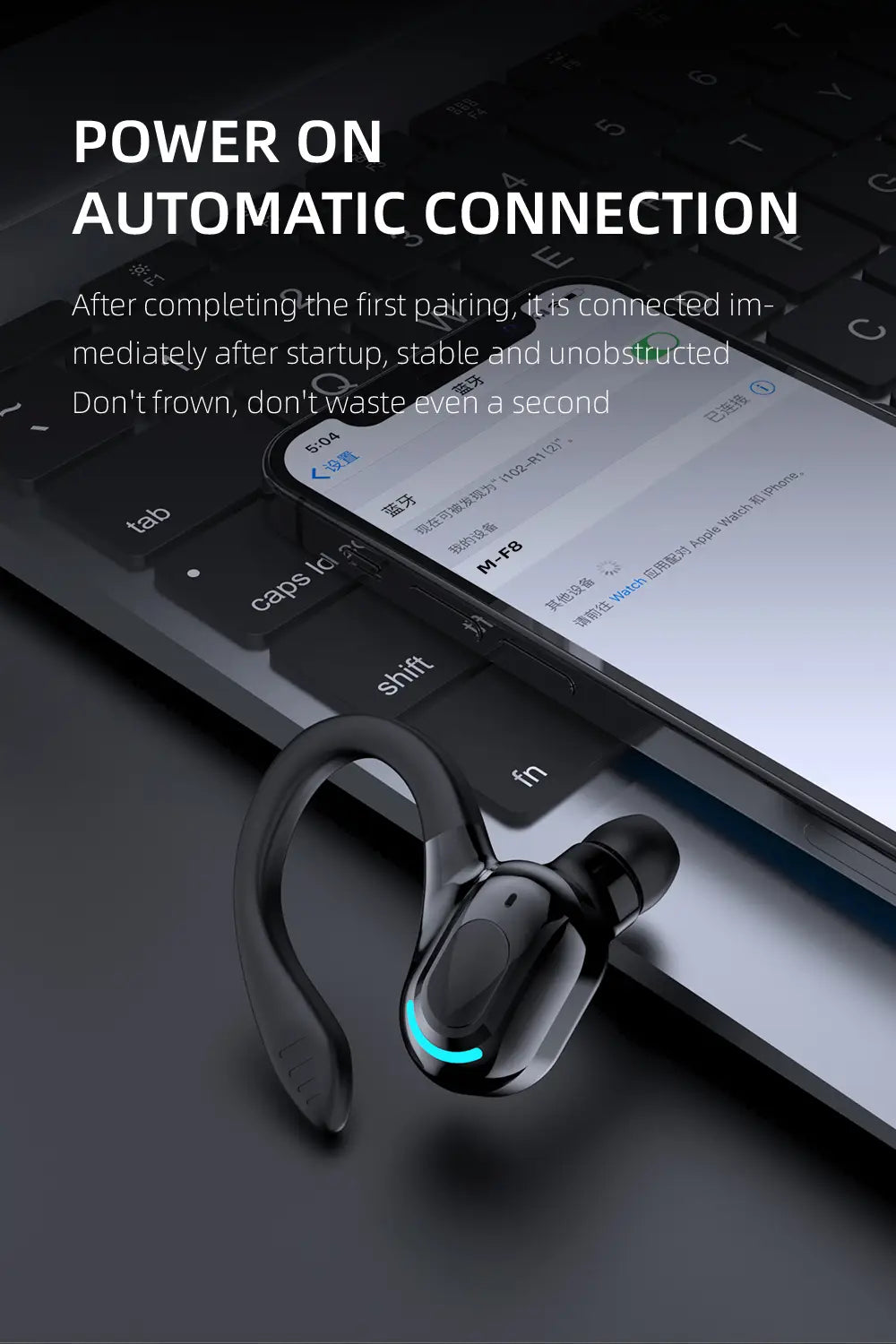 Black wireless ear hook sport earbud with a sleek ergonomic design and glowing blue light featuring Bluetooth 5.2 technology.