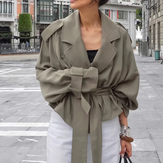 Women's Cropped Trench Coat Lapel Belted Waist Jacket, Loose Fit Drop Shoulder Short Trench