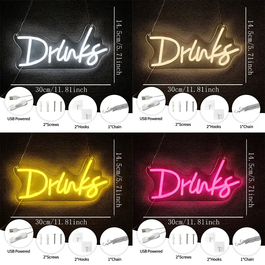 une enseigne au néon en forme du mot « drinks » dans une écriture cursive, avec des teintes blanches, jaunes et roses lumineuses, sur un corps acrylique translucide conçu comme décoration murale à LED