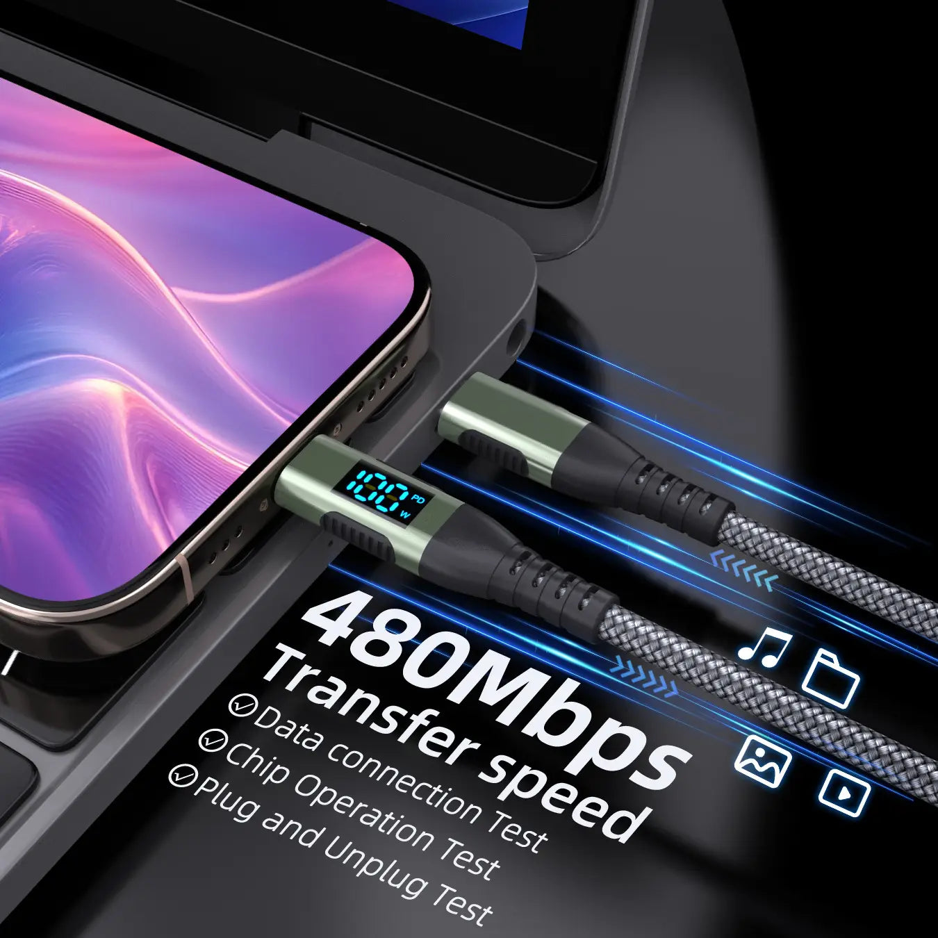 A sleek braided black and silver usb-c fast charging cable with an led digital display on the connector showing 100w for high-speed data transfer and charging.
