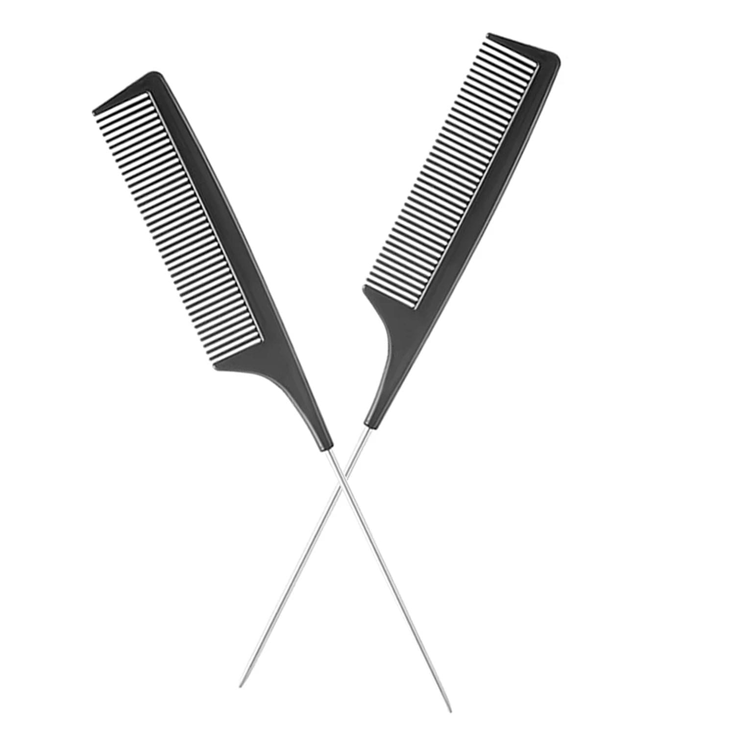 Ensemble professionnel de peigne de coiffure et d’outils de mise en forme comprenant des peignes en plastique noir avec des dents fines et uniformément espacées, ainsi que des tiges métalliques minces s’étendant depuis leur base.