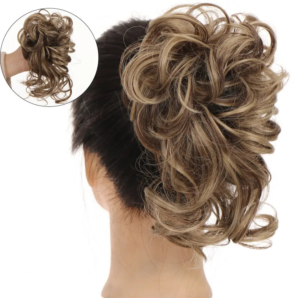A voluminous curly blonde and brown synthetic hair bun scrunchie designed for easy styling as a hair piece.