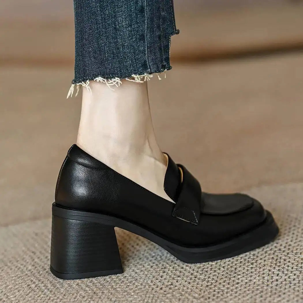 Women's Mid Heel Shoes 2025 New Leather Chunky Heel Loafers Thick-Soled French Minimalist Square Toe High Heel Office Shoes