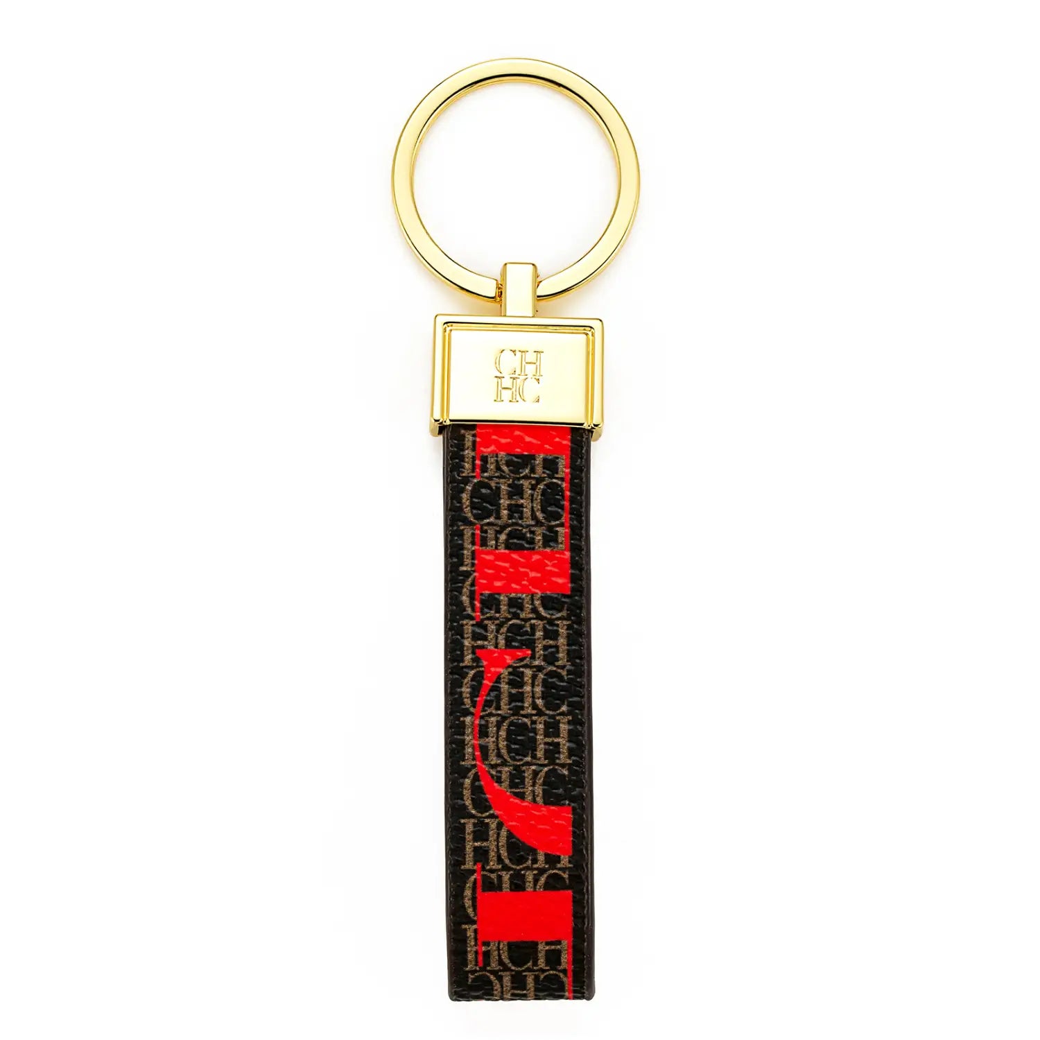 Leather logo keychain in black and red patterned leather with gold-tone metal ring and plaque featuring a repeating ch monogram design as a designer fashion accessory gift.