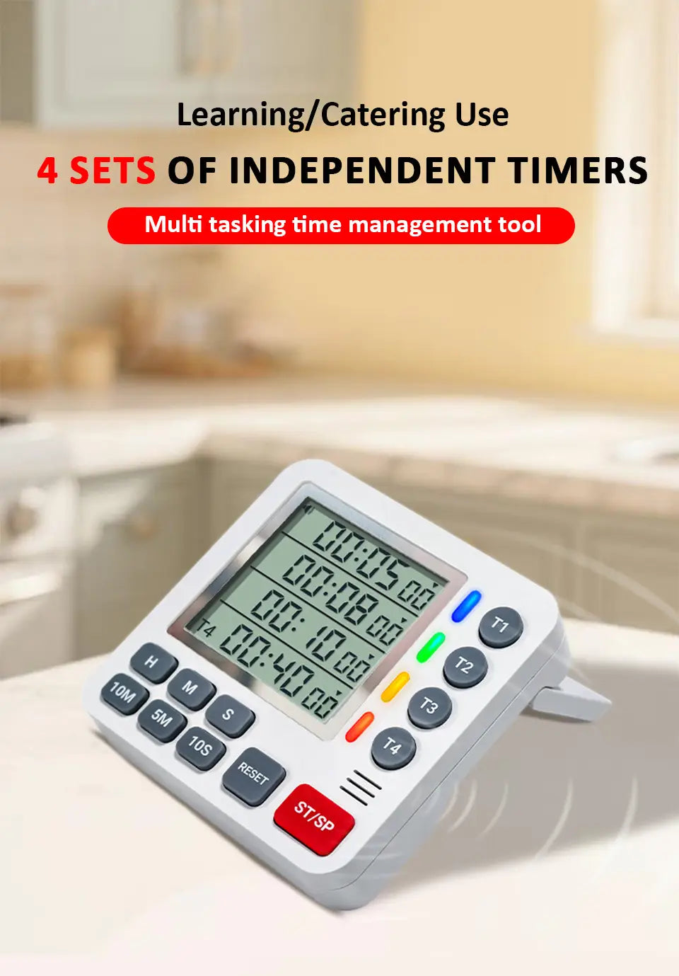 temporizador digital de cocina magnético de 4 canales en color blanco, con cuatro pantallas de cuenta atrás independientes y botones coloridos para la gestión multitarea del tiempo