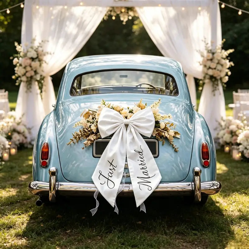 Une voiture ancienne bleu clair décorée d’un grand nœud « just married » blanc et d’accents floraux, pour la décoration de mariage.
