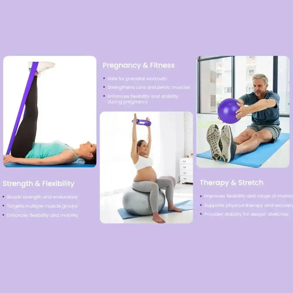 Purple resistance band made of durable elastic material designed for pregnancy and fitness workouts as part of the Pilates Equipment Kit 13-piece fitness set.