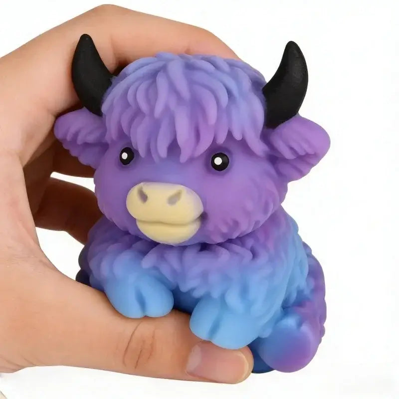 Jouet antistress en forme de vache highland kawaii, en peluche compressible, avec une texture floue dégradée violet et bleu, des cornes noires et un museau jaune.