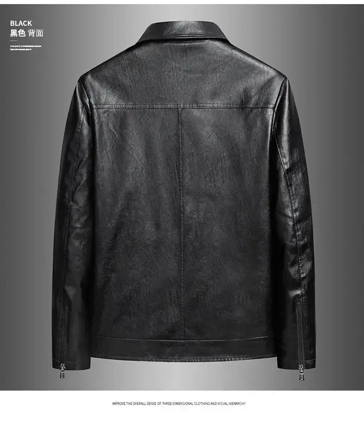 Men’s light green faux leather moto jacket featuring a black leather jacket style with a classic collar and zipper details on the sleeves.
