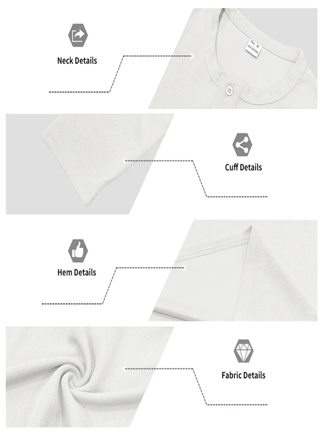White men long sleeve Henley shirt featuring a ribbed texture with a simple round neckline and neatly finished cuffs for casual wear.