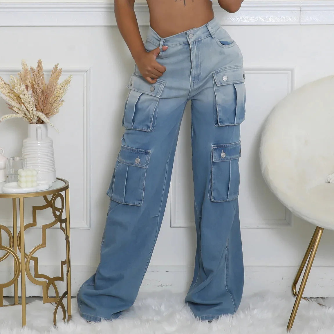 New Women's Casual Multi-pockets Denim Pants Spring Fashion High Waist Wide Leg Jeans Hip Hop Streetwear Females Baggy Trousers