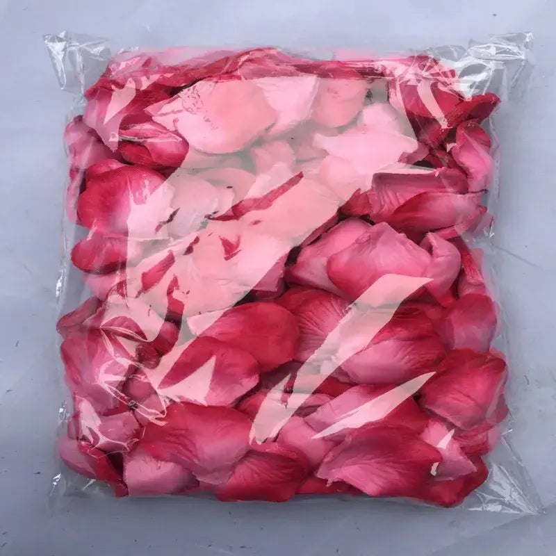 eine durchsichtige Plastiktüte voller leuchtend pinkfarbener Rosenblüten für 5500 bunte Rosenblüten zur Hochzeitsdekoration