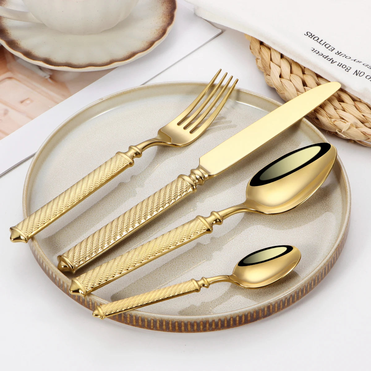 4/6/12/16/20Pcs Sliver Tableware Stainless Steel Cutlery Mirror Double Sided Pattern Handle Fork Mirror Western Gold Dinner Set