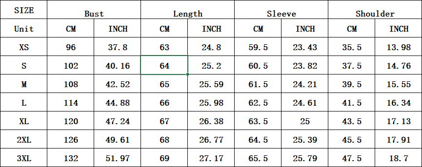 The table displays size measurements in centimeters and inches for a floral print long sleeve button up shirt including bust length sleeve and shoulder dimensions from XS to 3XL.