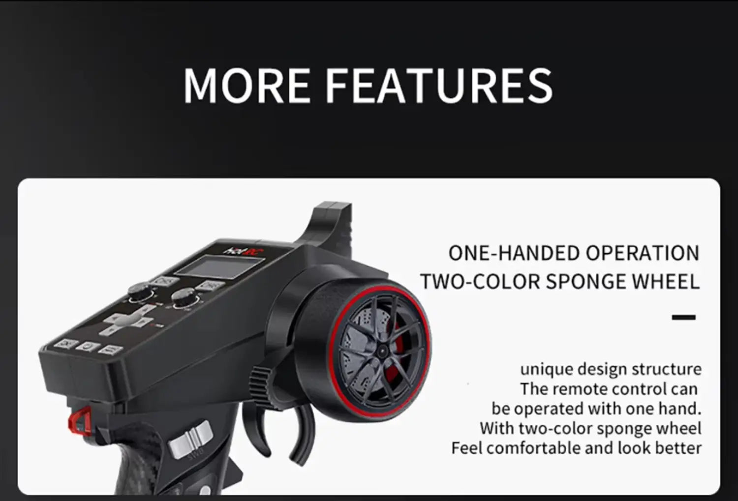Control remoto negro ct-6a para coche y barco RC con una rueda esponja de dos colores, roja y negra, diseñada para el funcionamiento con una sola mano.