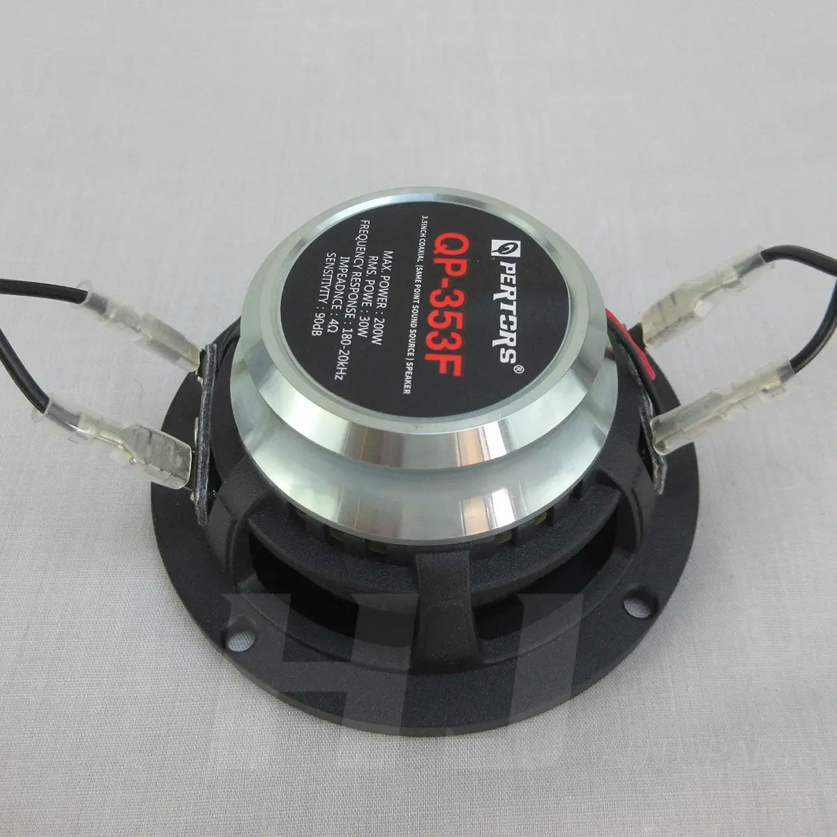 Silver and black 3.5 inch car coaxial speaker qp353f with metallic cone, circular mounting flange, and two wire connections shown from the back side.