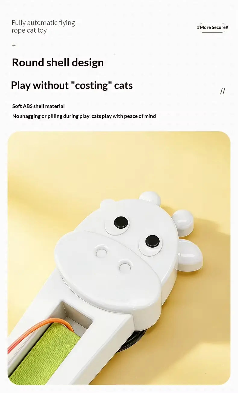 white plastic giraffe-shaped automatic interactive cat toy with green fabric strap designed as a wall mounted interactive cat toy