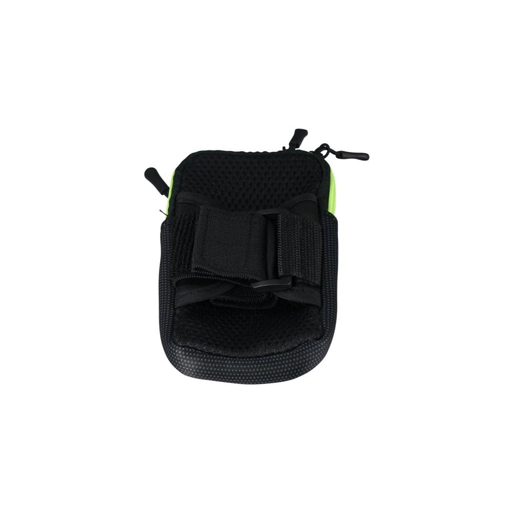 Housse de téléphone de sport imperméable avec armband, avec un motif tissé à vélo en maille noire, des accents de fermeture éclair vert néon et une sangle réglable avec fermeture velcro.