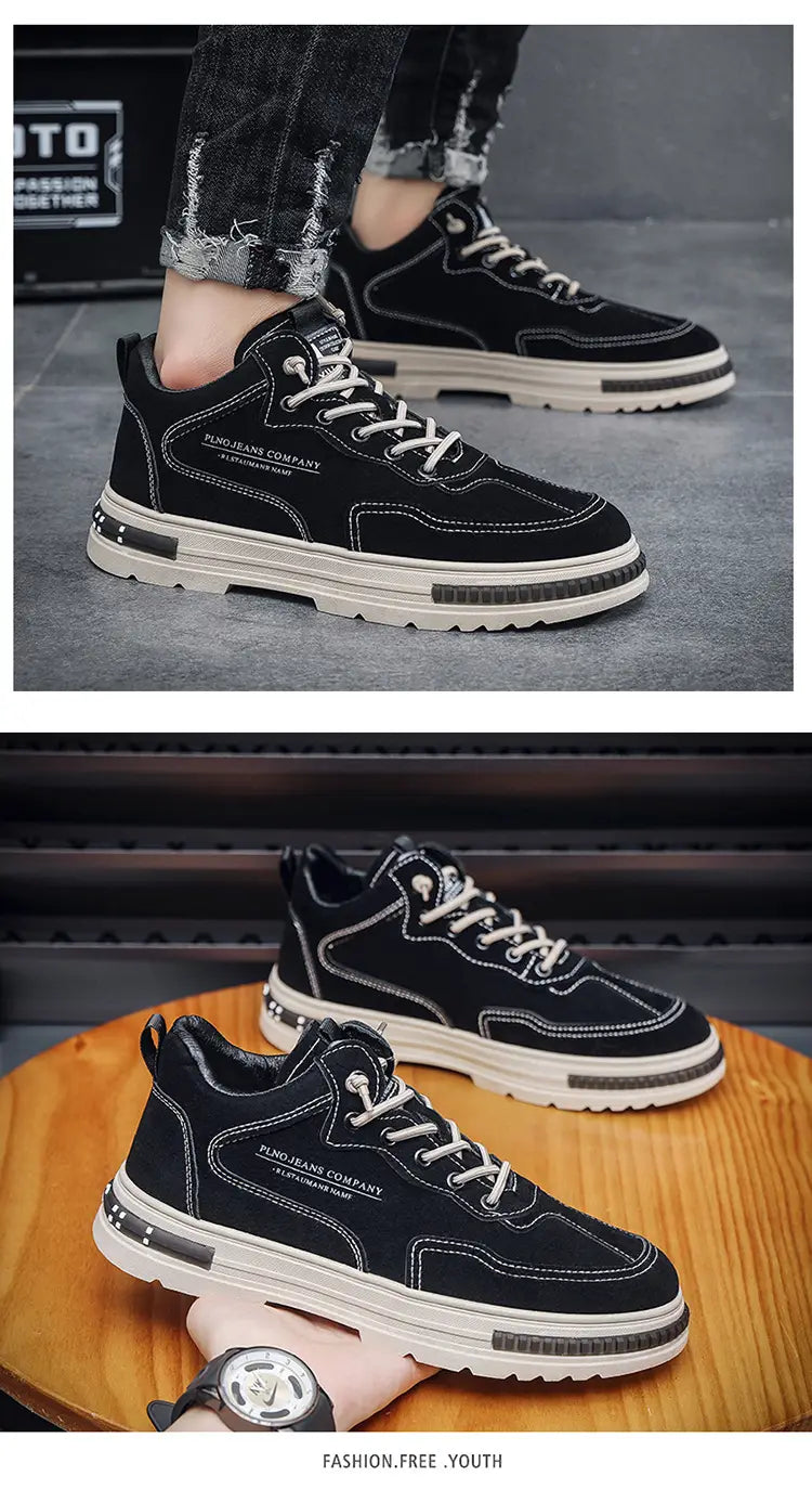 Zapatillas casual para hombre, calzado de plataforma transpirable, en diseño tipo botín alto negro con cordones blancos, suela de goma color blanco roto y detalles cosidos a lo largo de los laterales.
