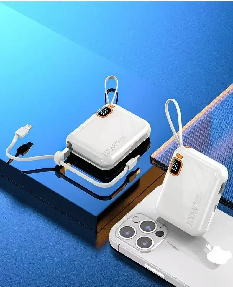 white rectangular portable power bank quick charge 20000mah with built-in cable digital display 100w branding and carrying loop