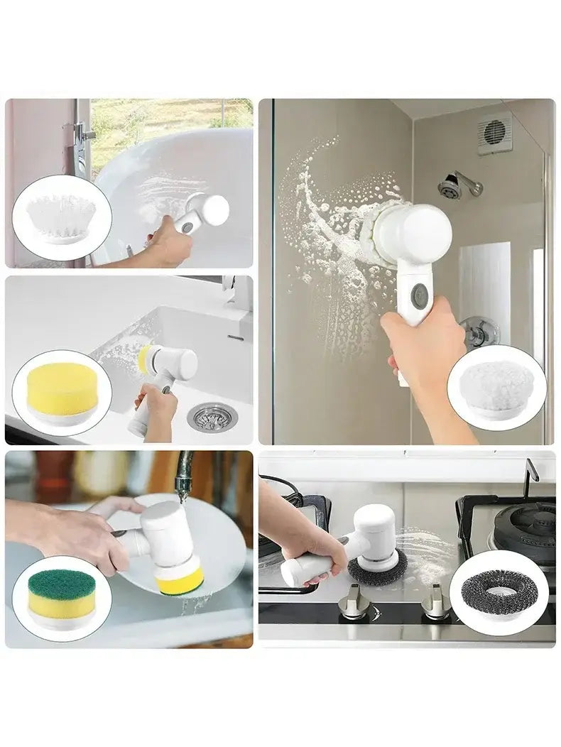 White electric spin scrubber with interchangeable sponge attachments designed as a cordless electric cleaning brush for versatile surface cleaning.