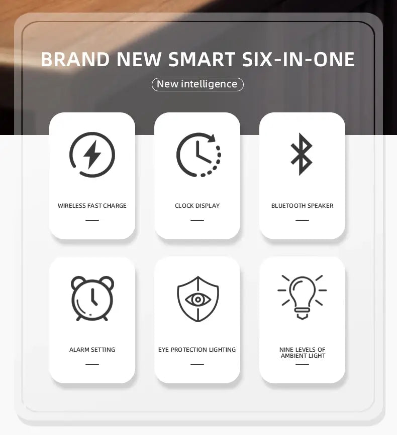 Neuer intelligenter Sechs-in-Eins-Lautsprecher mit Bluetooth-Funktion, kabellosem Laden und Alarmwecker, mit kabellosem Ladefunktion, Energiesparmodus, Uhranzeige, Weckereinstellung, augenschonender Beleuchtung und neun Stufen für das Umgebungslicht.