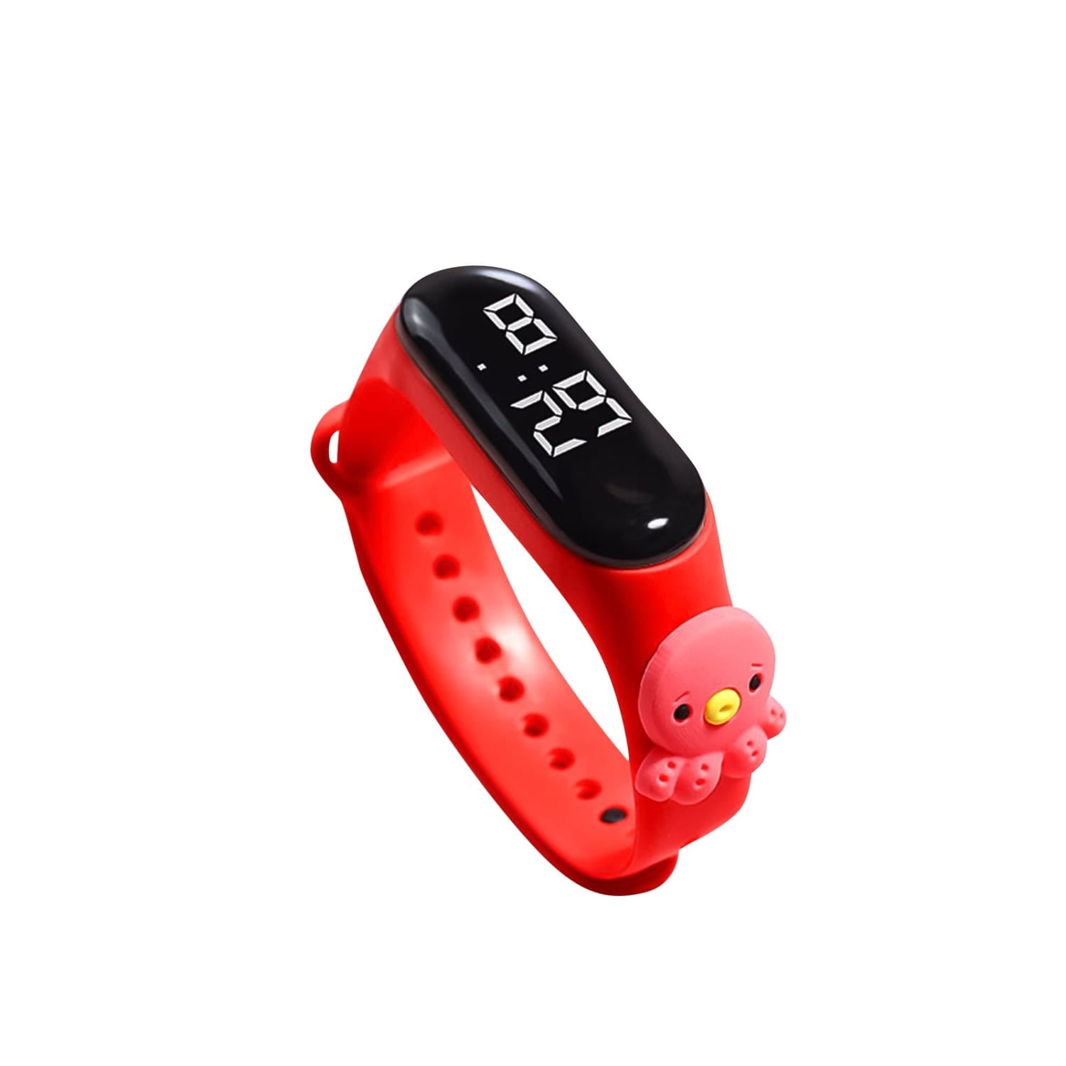 Kids silicone digital watch life waterproof with a red silicone wristband, black digital display showing 07 29, and a pink octopus charm attached to the side.