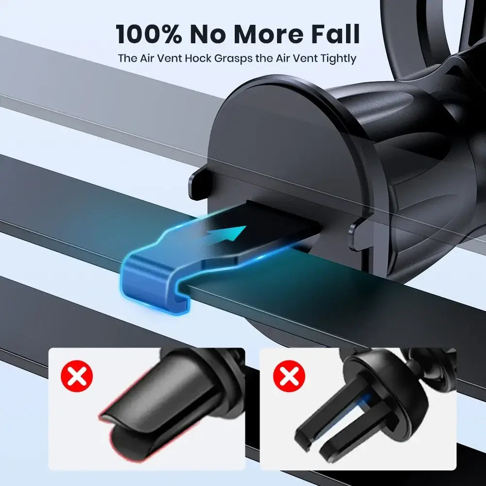 Black plastic TOPK magsafe car phone holder air vent mount with blue clip mechanism for hands free use