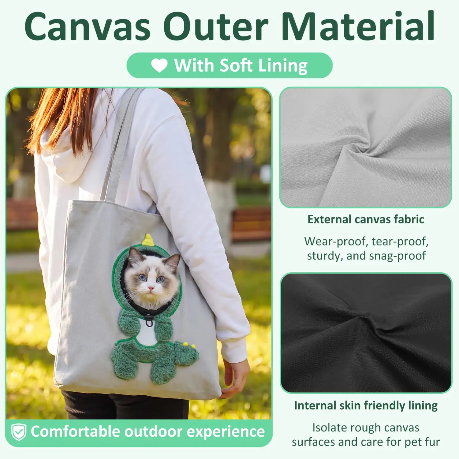 Sac de voyage en toile grise pour petits chiens, présentant une ouverture rétractable en forme de dinosaure vert et une boucle de sécurité pour un transport sécurisé de l’animal.