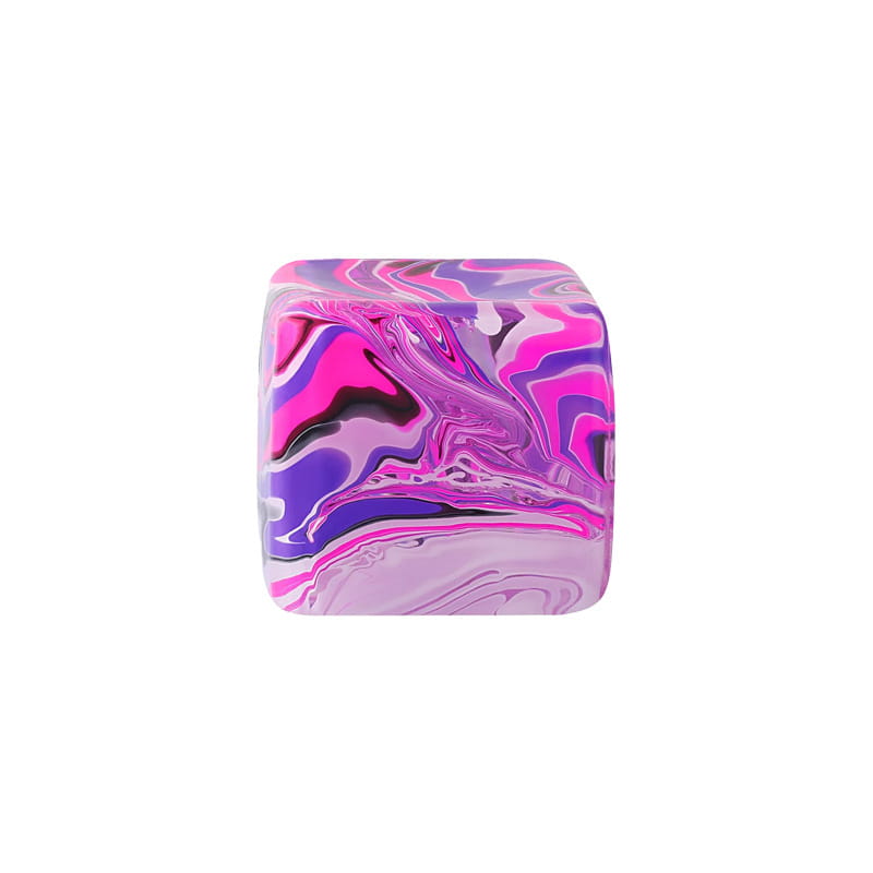 a translucent cube squeeze toy with a vibrant marble swirl pattern in pink and purple hues designed as a slow rising sensory fidget.