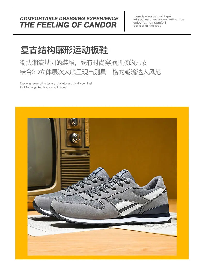 Herrenfreizeitsneaker in Grau und Weiß zum Gehen aus Wildleder mit klassischem Retro-Design, schwarzen Gummisohlen und eleganter Seitenverkleidung.
