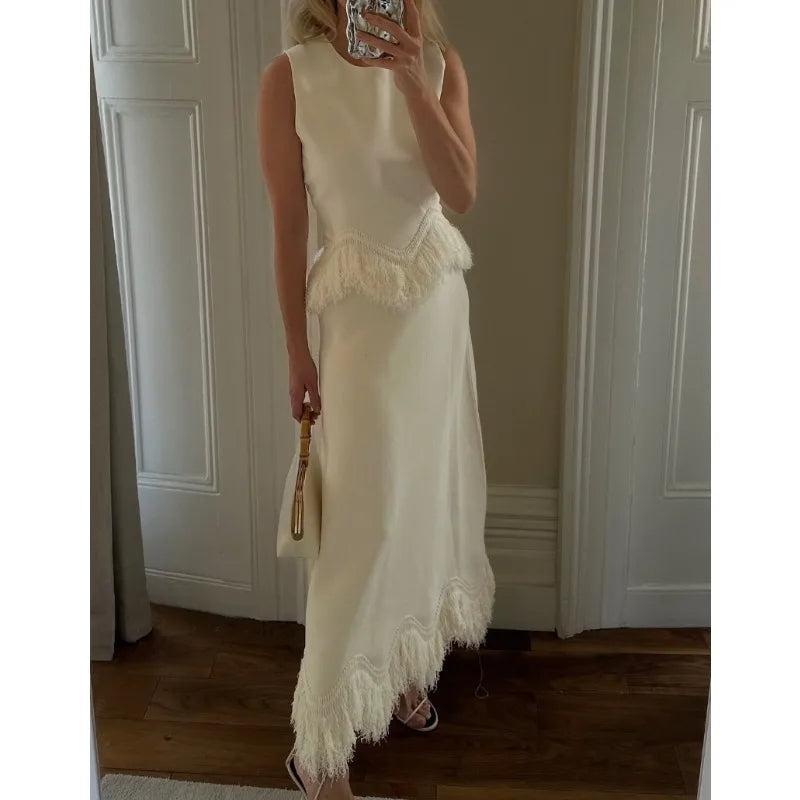 Autumn Winter Women Party Two Piece Set Elegant INS Tassel Shirt Top + Maxi Skirt Suit 2026 Celebrity Guest Evening Outfits